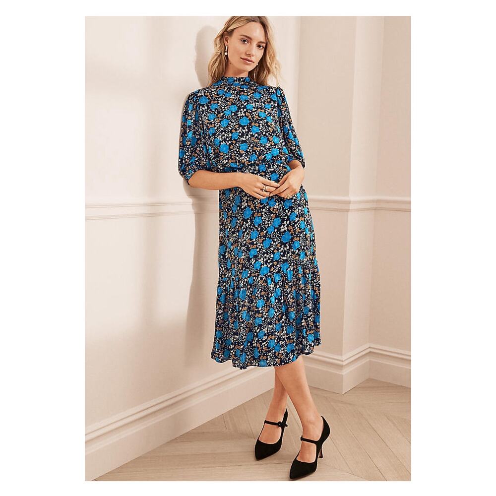 Ann Taylor Blue Floral Short Puff Sleeve Midi Dress Sz.6 NWT